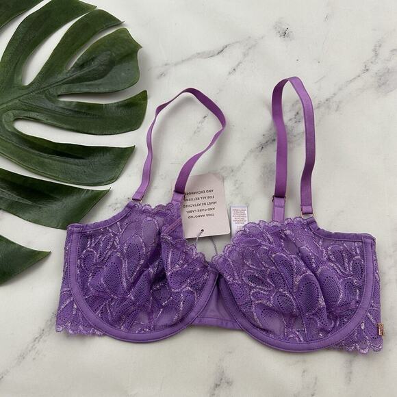 Savage Fenty Womens Balconette Bra Size 34 DD New Purple Lace Sheer - Picture 1 of 7